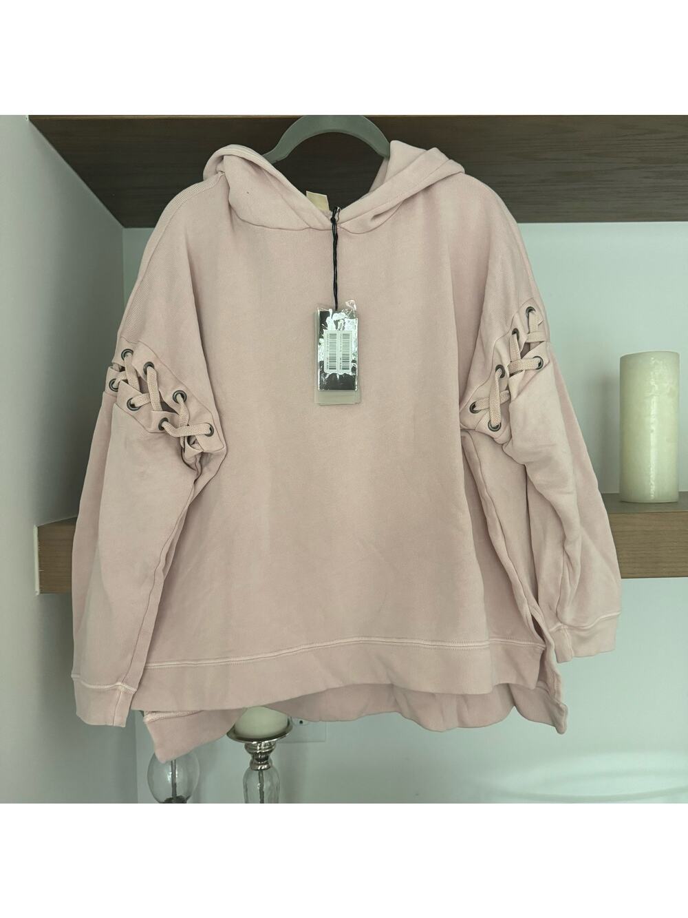 Avocado Lace Up Sleeve Hooded Sweatshirt in Light Pink